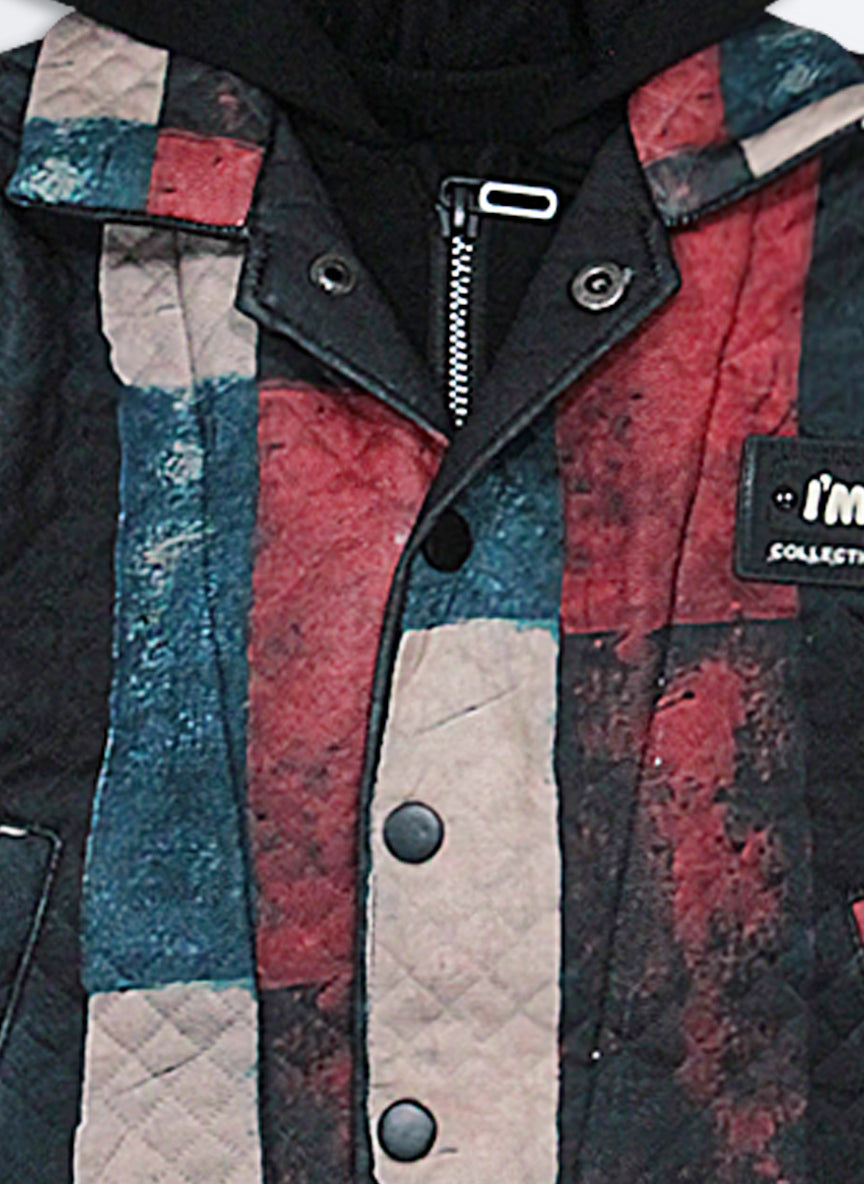 Blended Abstract Printed Knitted Quilted Full Sleeves Zippered Hooded Sweat Jacket with Printed T-shirt and Pants Casual Set-Black