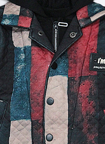 Blended Abstract Printed Knitted Quilted Full Sleeves Zippered Hooded Sweat Jacket with Printed T-shirt and Pants Casual Set-Black