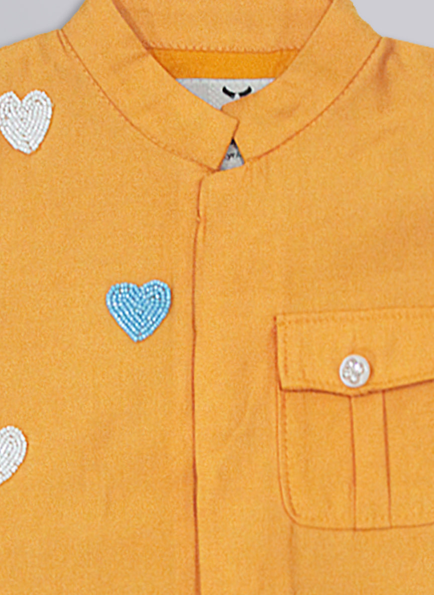 Boys Blended Silk Heart Embellished Wedding Special Super Cute Nehru Jacket, Kurta, Pajama Ethnic Set-  Mustard