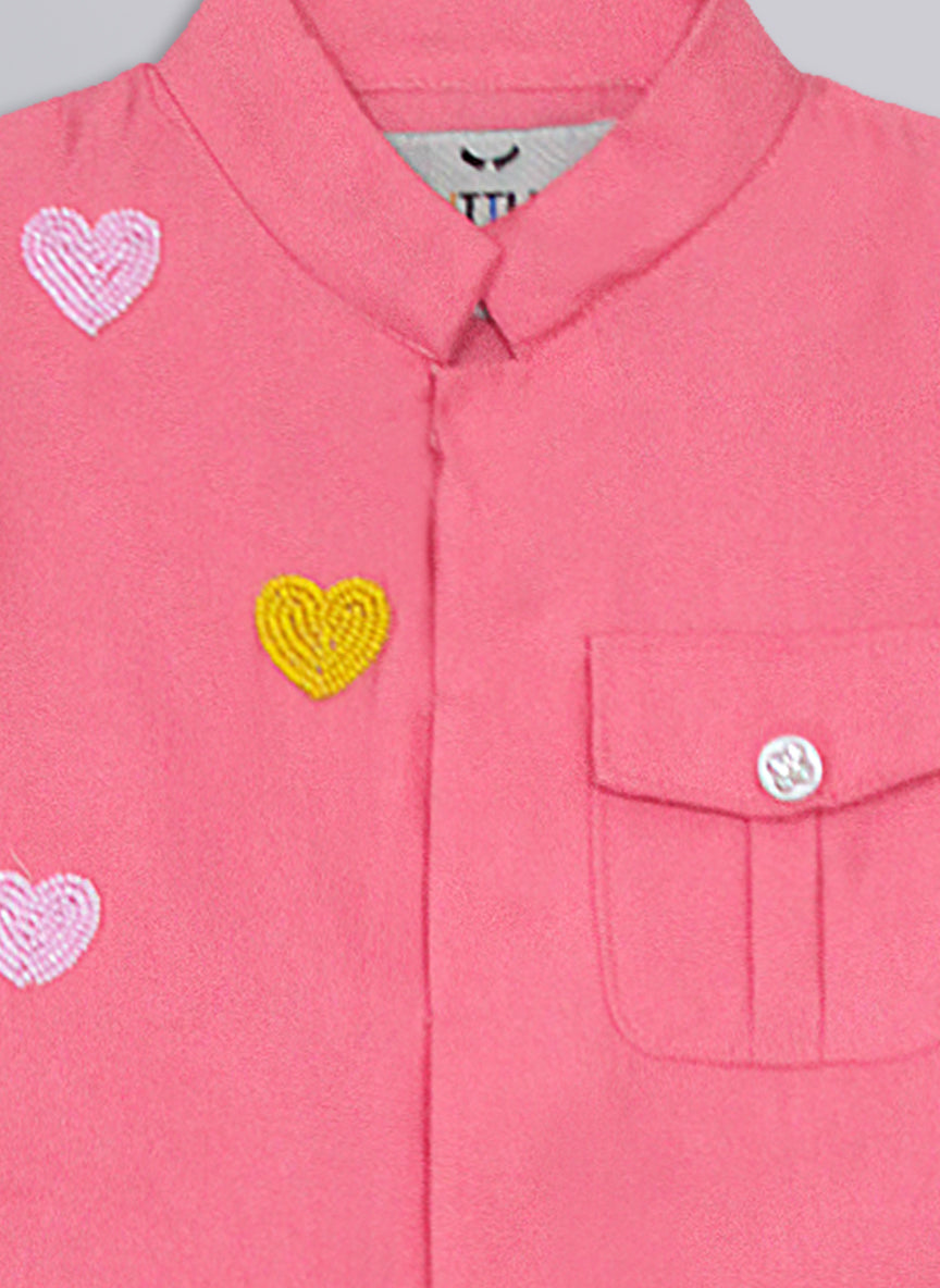Boys Blended Silk Heart Embellished Wedding Special Super Cute Nehru Jacket, Kurta, Pajama Ethnic Set-  Pink