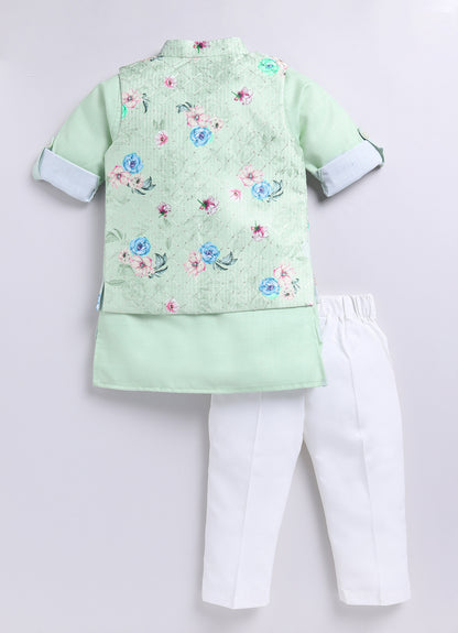 Boys Floral Embroidered Jacket Kurta Set-green