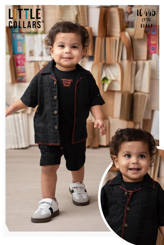 Boys Casual Pure Cotton Schiffli Shirt & Shorts Set with Tshirt - Black