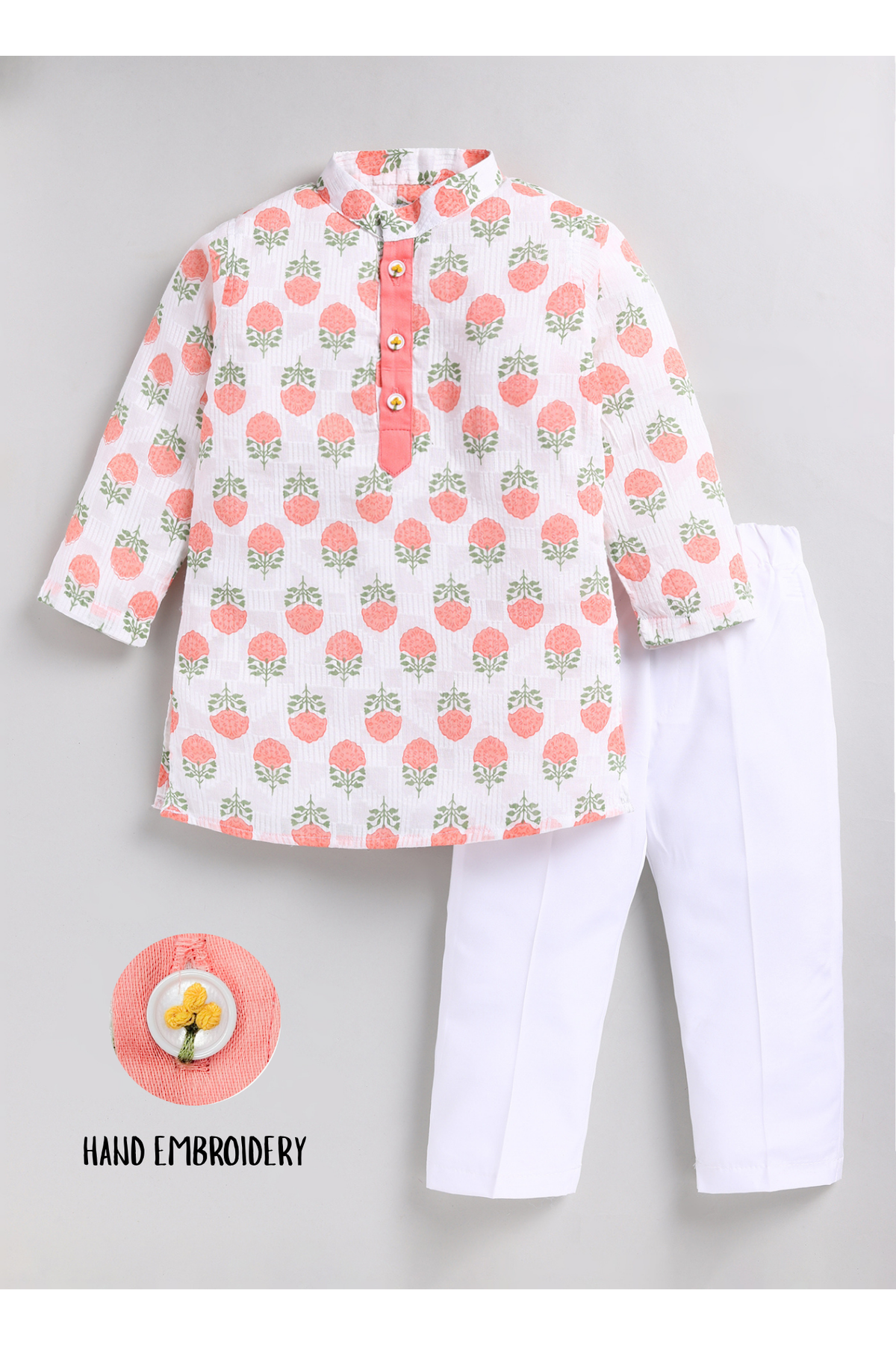 Boys Woven Pure Cotton Floral Printed Kurta Pajama with Handwork on Button Ethnic Wear Festive Set- Peach
