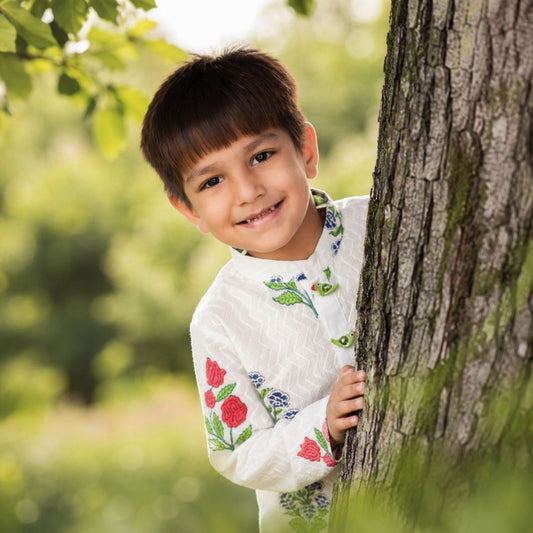 Boys Jaipuri Pure Hand block Cotton Kurta Pajama Wooden Parrot Button Ethnic Set- White
