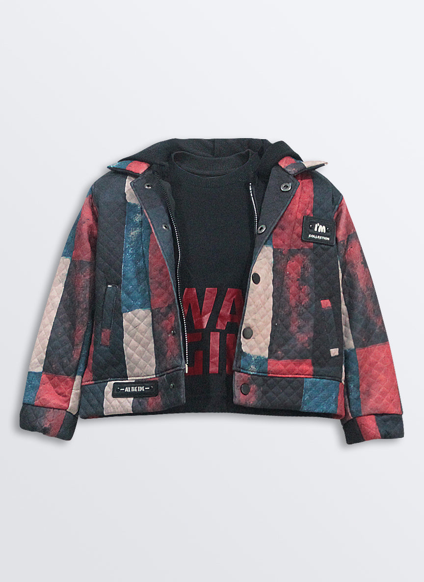 Blended Abstract Printed Knitted Quilted Full Sleeves Zippered Hooded Sweat Jacket with Printed T-shirt and Pants Casual Set-Black