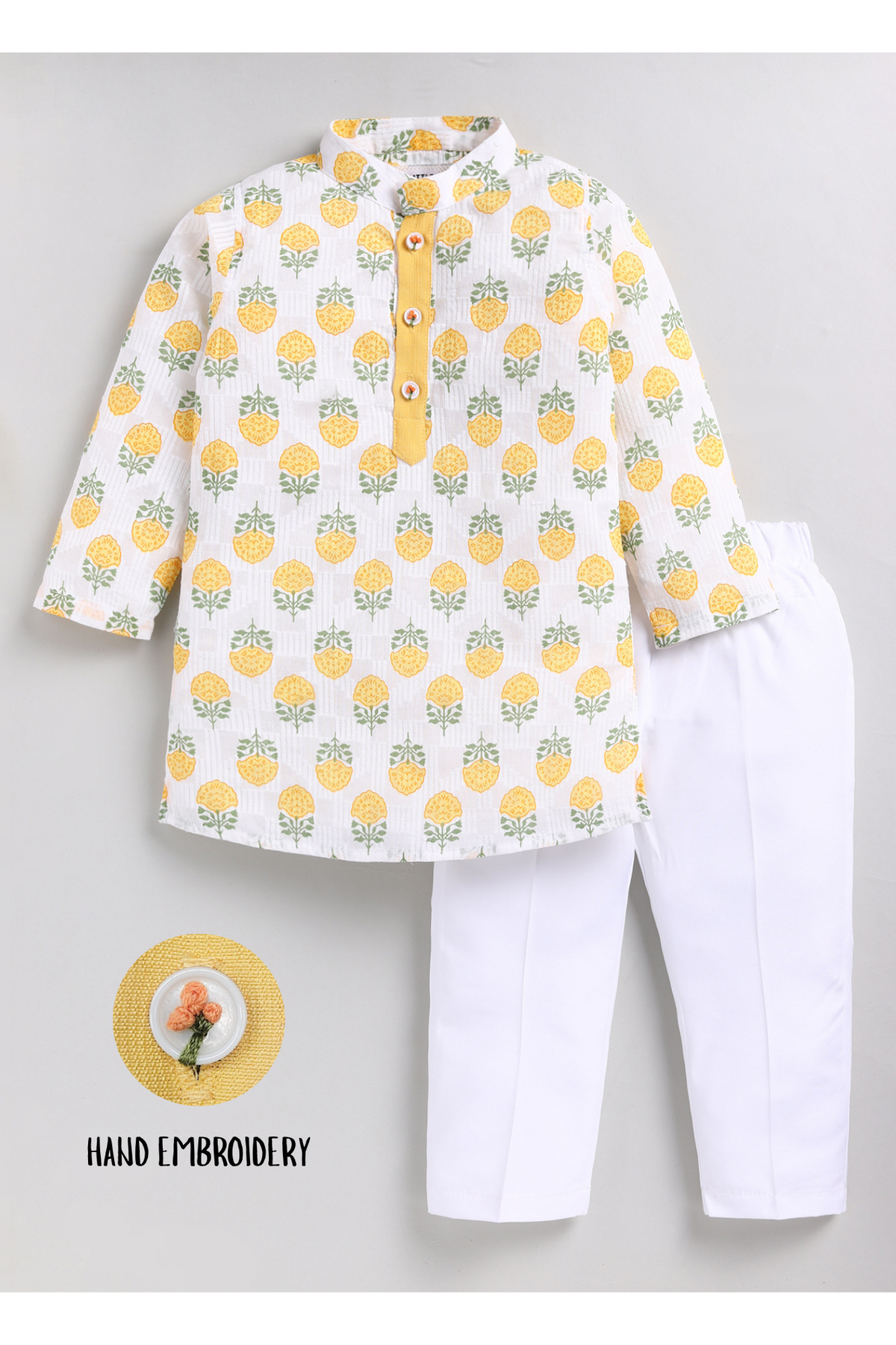 Boys Woven Pure Cotton Floral Printed Kurta Pajama with Handwork on Button Ethnic Wear Festive Set- Yellow