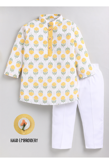 Boys Woven Pure Cotton Floral Printed Kurta Pajama with Handwork on Button Ethnic Wear Festive Set- Yellow
