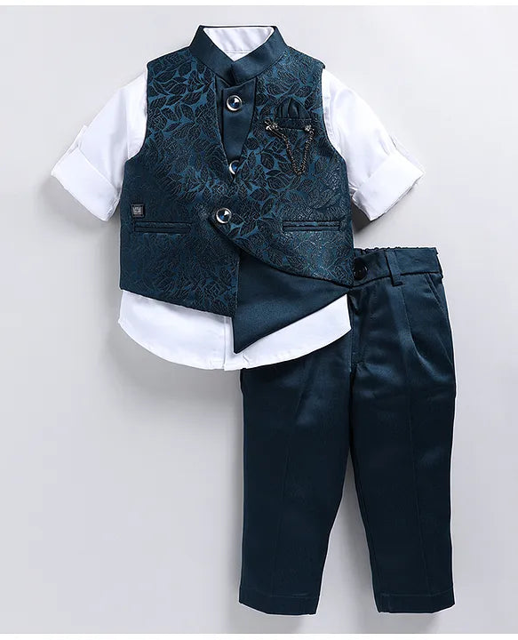 Jacquard Full Sleeves Solid Shirt With Foil Leaves Printed Coordinating Waistcoat & Trouser Set - Blue