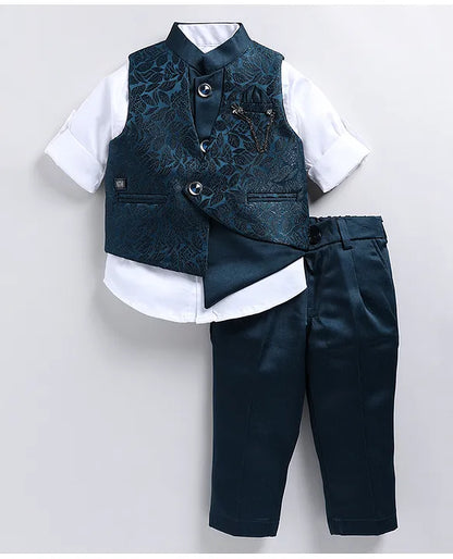 Jacquard Full Sleeves Solid Shirt With Foil Leaves Printed Coordinating Waistcoat & Trouser Set - Blue