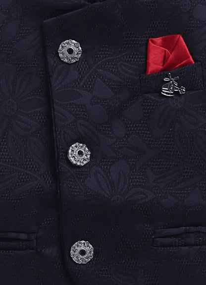 Navy Boys Full Sleeves Elegant Jaquard Nehru Jacket Coord Set