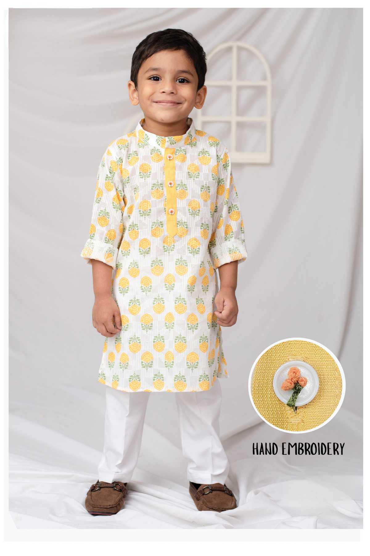 Boys Woven Pure Cotton Floral Printed Kurta Pajama with Handwork on Button Ethnic Wear Festive Set- Yellow