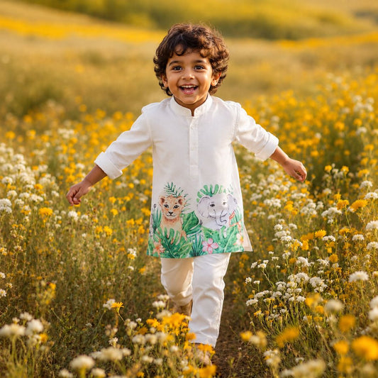 Boys Blended Cotton Animal Jungle Printed Full Sleeve Cute Kurta and Pajama Ethnic Set - Green