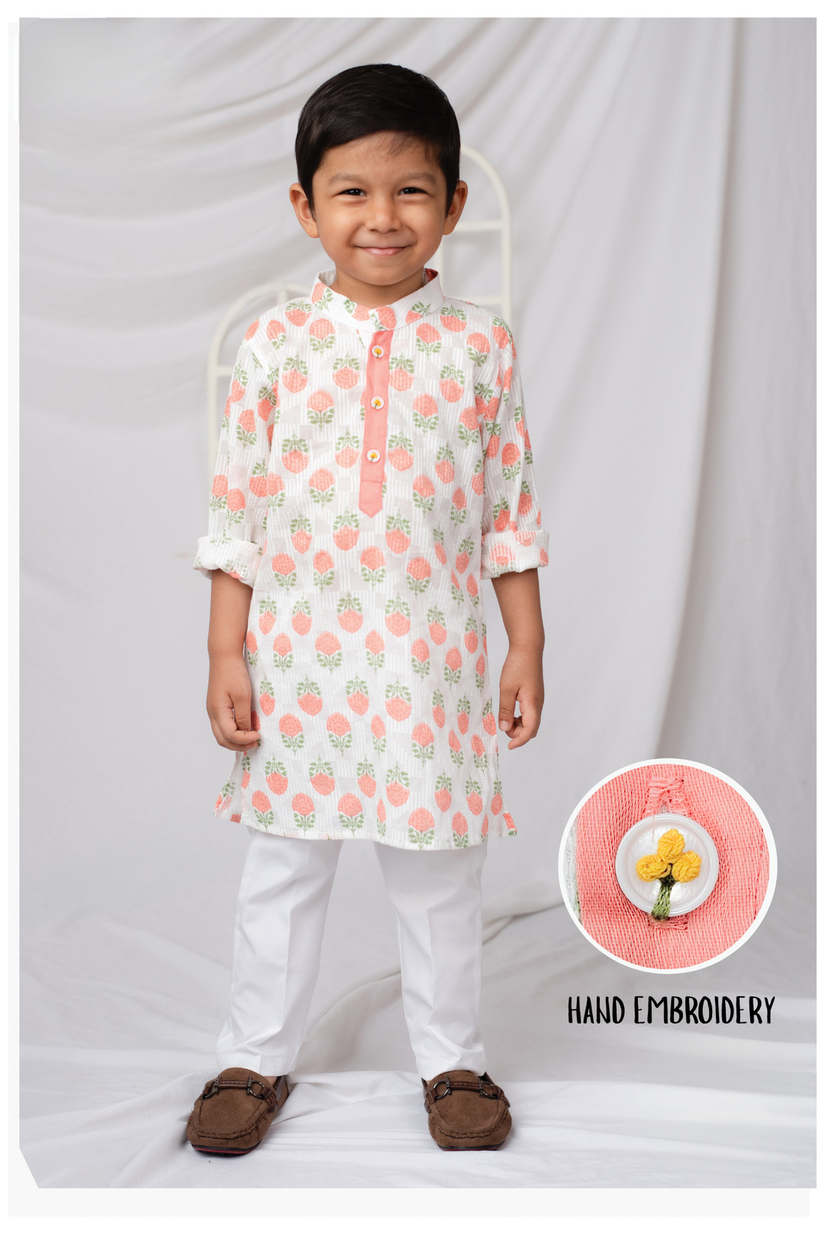 Boys Woven Pure Cotton Floral Printed Kurta Pajama with Handwork on Button Ethnic Wear Festive Set- Peach