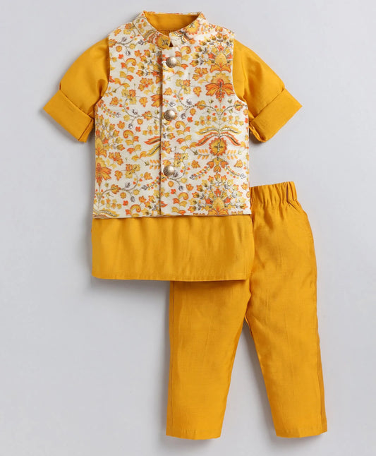 Full Sleeves Solid Coordinating Kurta & Pyjama With Floral Printed Jacket - Mustard