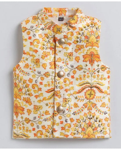 Full Sleeves Solid Coordinating Kurta & Pyjama With Floral Printed Jacket - Mustard
