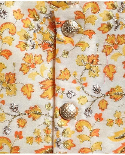 Full Sleeves Solid Coordinating Kurta & Pyjama With Floral Printed Jacket - Mustard