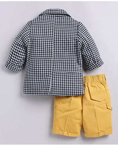 Cotton Half Sleeves Checked Coat With Solid Shorts Shirt & Muffler - Mustard