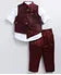 Jacquard Full Sleeves Solid Shirt With Foil Leaves Printed Coordinating Waistcoat & Trouser Set - Maroon