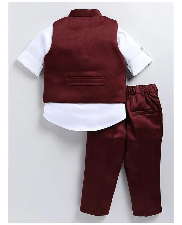 Jacquard Full Sleeves Solid Shirt With Foil Leaves Printed Coordinating Waistcoat & Trouser Set - Maroon