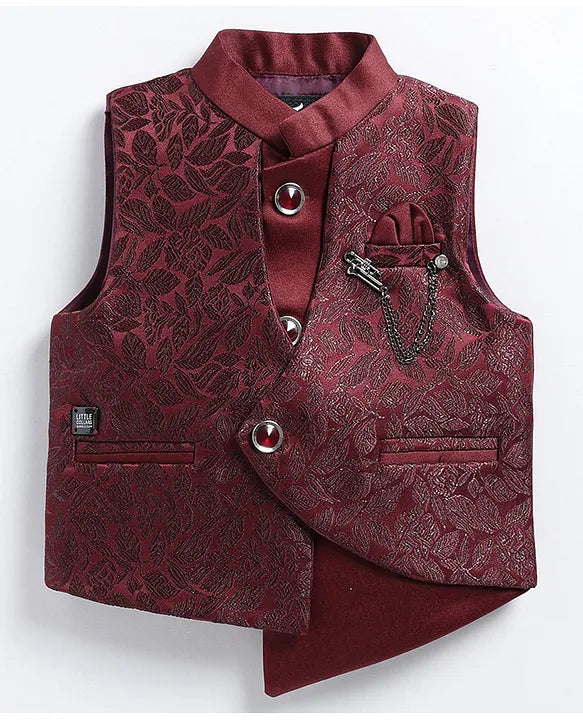 Jacquard Full Sleeves Solid Shirt With Foil Leaves Printed Coordinating Waistcoat & Trouser Set - Maroon