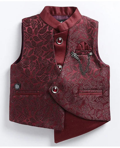 Jacquard Full Sleeves Solid Shirt With Foil Leaves Printed Coordinating Waistcoat & Trouser Set - Maroon
