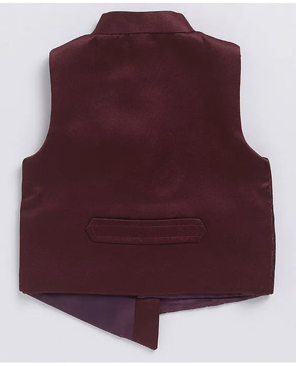 Jacquard Full Sleeves Solid Shirt With Foil Leaves Printed Coordinating Waistcoat & Trouser Set - Maroon