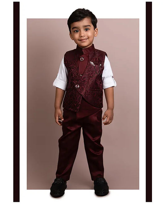Jacquard Full Sleeves Solid Shirt With Foil Leaves Printed Coordinating Waistcoat & Trouser Set - Maroon