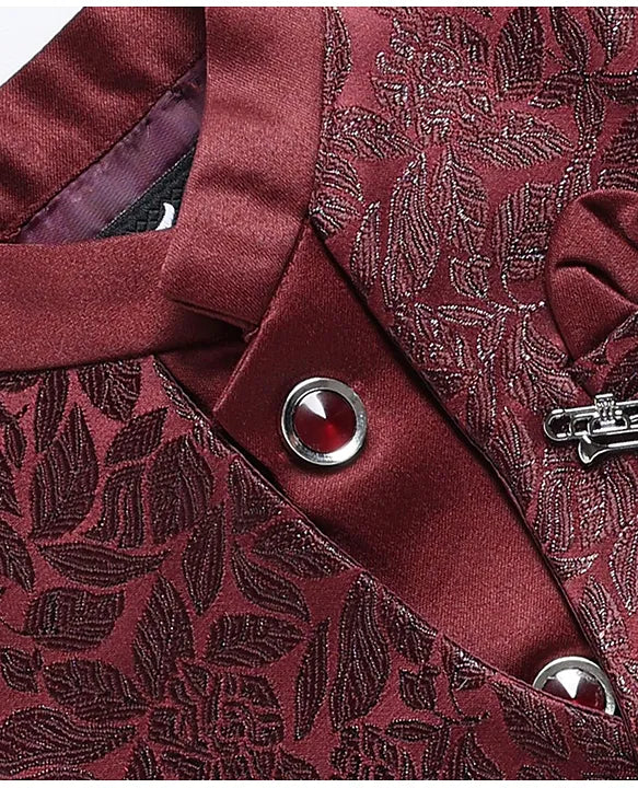 Jacquard Full Sleeves Solid Shirt With Foil Leaves Printed Coordinating Waistcoat & Trouser Set - Maroon