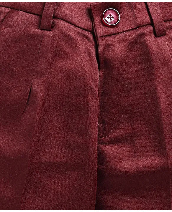 Jacquard Full Sleeves Solid Shirt With Foil Leaves Printed Coordinating Waistcoat & Trouser Set - Maroon