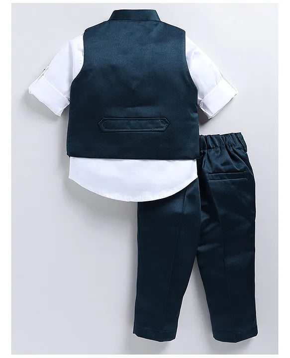 Jacquard Full Sleeves Solid Shirt With Foil Leaves Printed Coordinating Waistcoat & Trouser Set - Blue