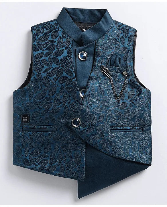 Jacquard Full Sleeves Solid Shirt With Foil Leaves Printed Coordinating Waistcoat & Trouser Set - Blue
