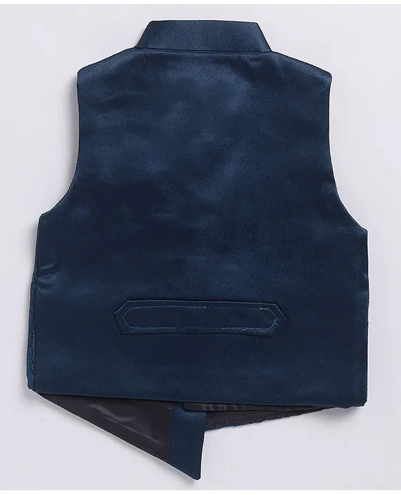 Jacquard Full Sleeves Solid Shirt With Foil Leaves Printed Coordinating Waistcoat & Trouser Set - Blue