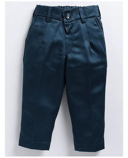 Jacquard Full Sleeves Solid Shirt With Foil Leaves Printed Coordinating Waistcoat & Trouser Set - Blue