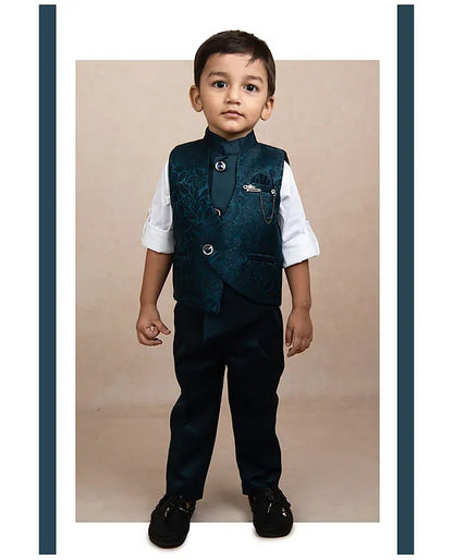 Jacquard Full Sleeves Solid Shirt With Foil Leaves Printed Coordinating Waistcoat & Trouser Set - Blue