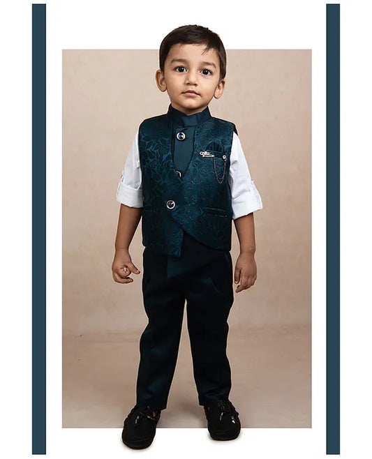 Jacquard Full Sleeves Solid Shirt With Foil Leaves Printed Coordinating Waistcoat & Trouser Set - Blue