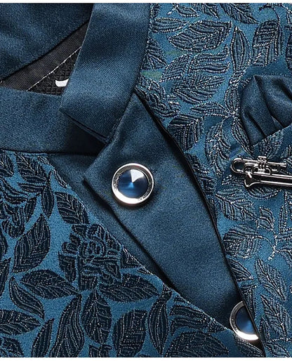 Jacquard Full Sleeves Solid Shirt With Foil Leaves Printed Coordinating Waistcoat & Trouser Set - Blue