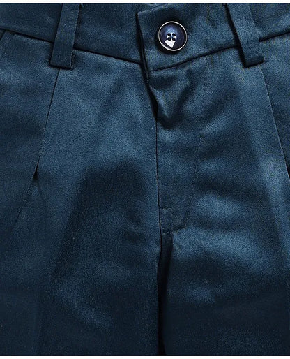 Jacquard Full Sleeves Solid Shirt With Foil Leaves Printed Coordinating Waistcoat & Trouser Set - Blue