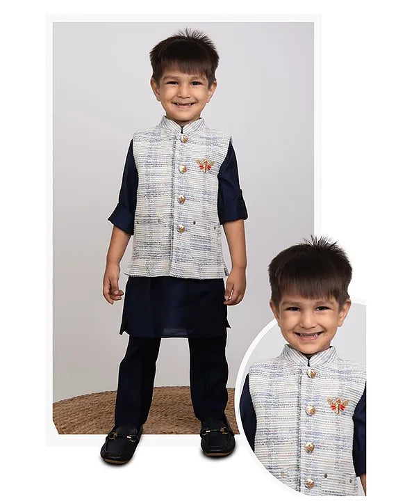 Charming Ethnic Kurta Jacket Set with Insect Embroidery for Boys-Blue