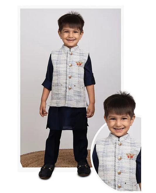 Charming Ethnic Kurta Jacket Set with Insect Embroidery for Boys-Blue