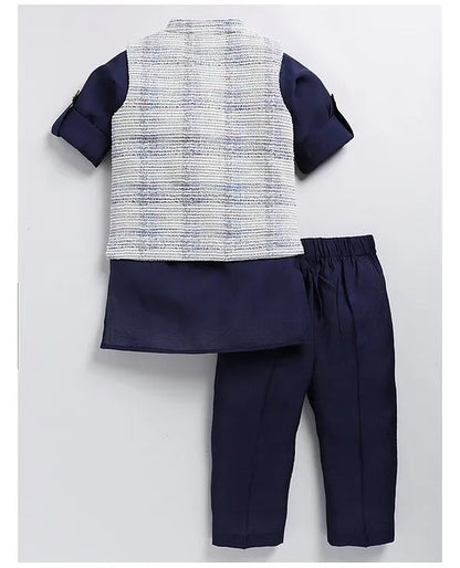 Charming Ethnic Kurta Jacket Set with Insect Embroidery for Boys-Blue