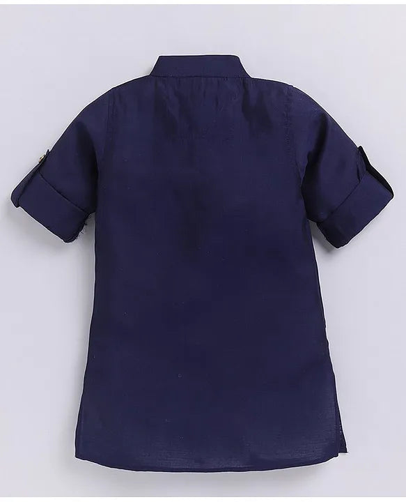 Charming Ethnic Kurta Jacket Set with Insect Embroidery for Boys-Blue