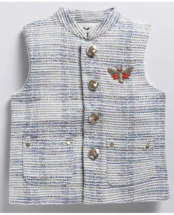Charming Ethnic Kurta Jacket Set with Insect Embroidery for Boys-Blue