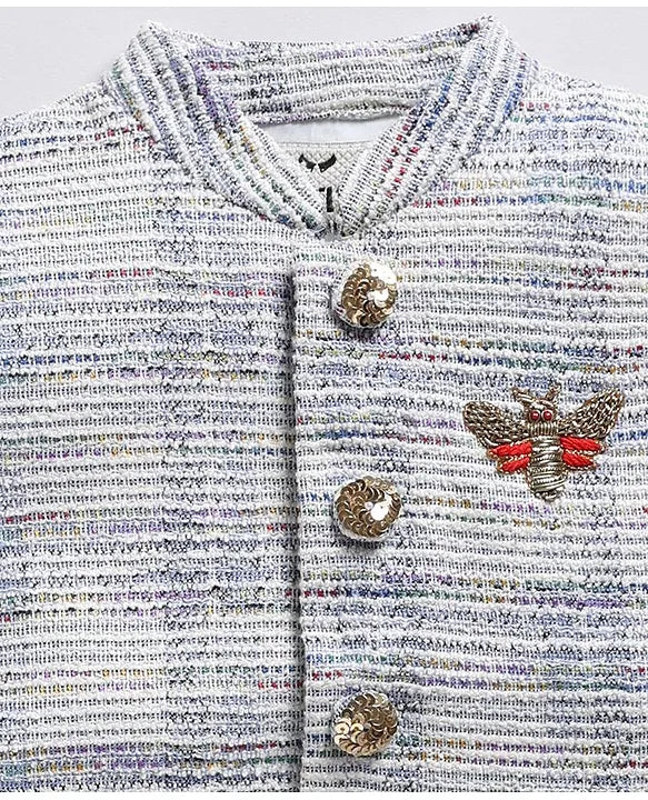 Charming Ethnic Kurta Jacket Set with Insect Embroidery for Boys-Blue