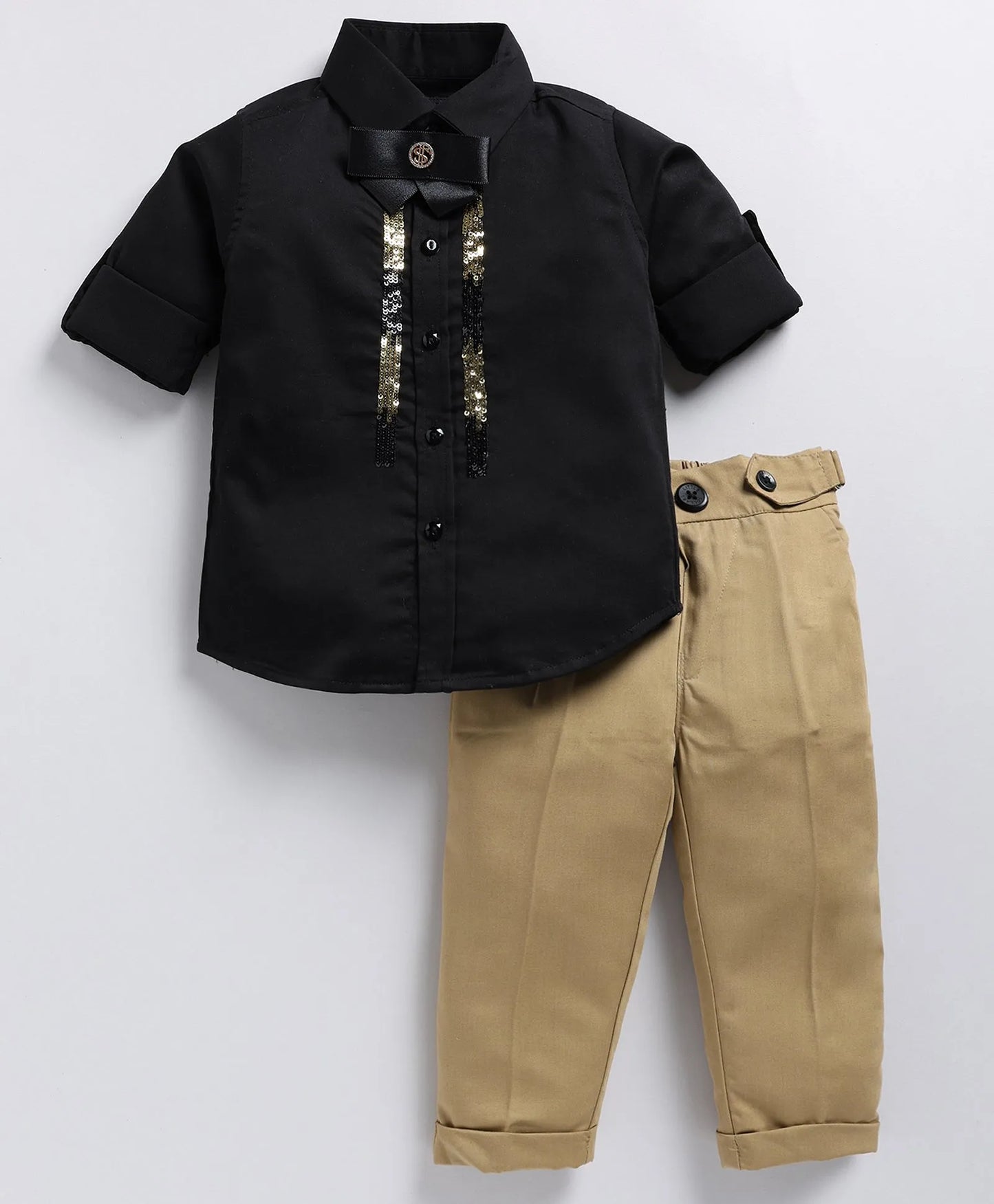 Satin Embellished Formal Partywear Pant Shirt Set with Bow - Black