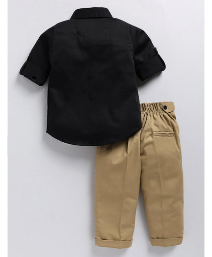 Satin Embellished Formal Partywear Pant Shirt Set with Bow - Black