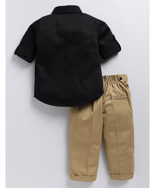 Satin Embellished Formal Partywear Pant Shirt Set with Bow - Black