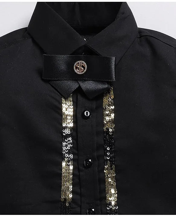Satin Embellished Formal Partywear Pant Shirt Set with Bow - Black