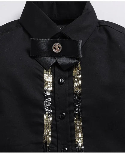 Satin Embellished Formal Partywear Pant Shirt Set with Bow - Black