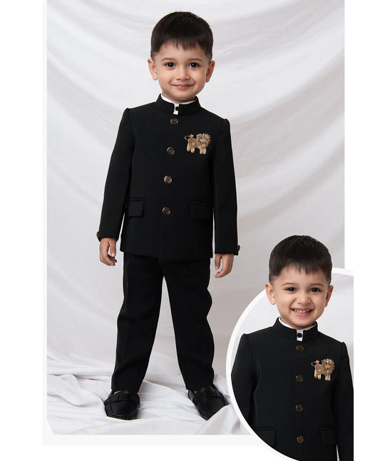  Terry Full Sleeves Lion Embroidered 3 Piece Party Suit Set- Black