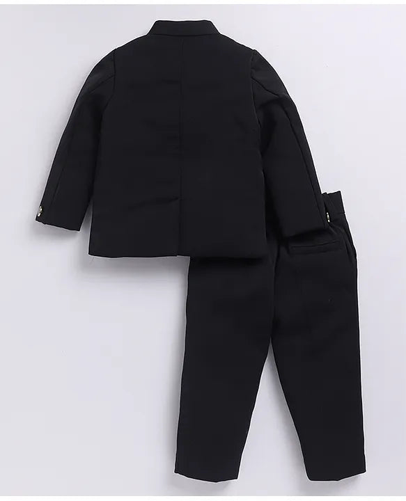  Terry Full Sleeves Lion Embroidered 3 Piece Party Suit Set- Black